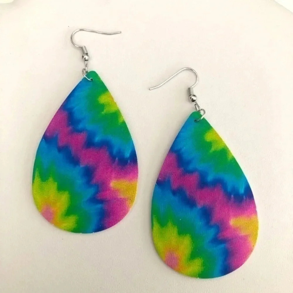 Pastel Tie Dye Teardrop Faux Leather Die-Cut Drop Earrings NWT